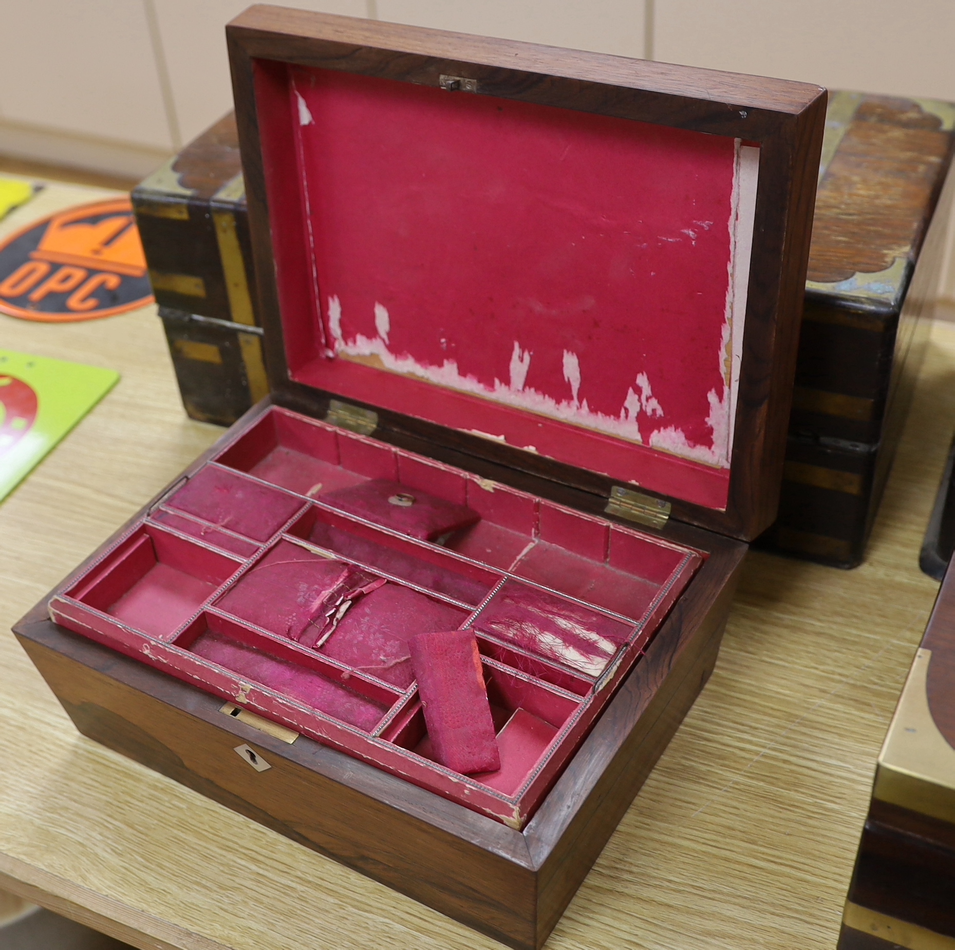 Two 19th century brass mounted writing slopes, a stationery cabinet and a work box